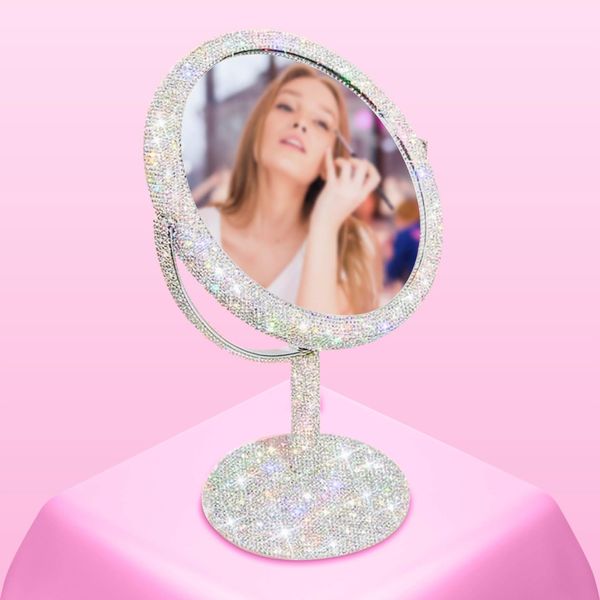 TISHAA Bling Makeup Vanity Mirror - Luxury Stand 2X Magnification Double Sided Glass Cosmetic Crystal Rhinestone Diamond Glitter Portable Desk Bathroom Bedroom Tabletop