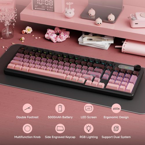 EWEADN V102 Wireless Keyboard, 99 Keys Membrane Gaming Keyboard with Smart Display & Knob, Bluetooth/2.4GHz/USB-C Computer Keyboards, Wireless RGB Keyboards for MAC Xbox PC Gamer-Gradient Pink