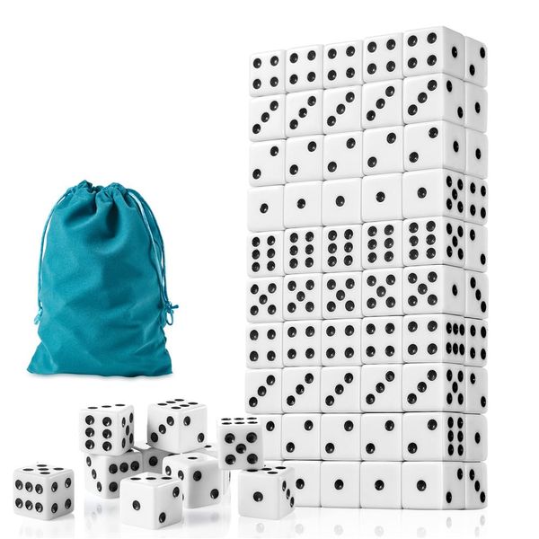 100 Pieces White Dice Set, 16MM Standard Game Dices, Opaque Six-Sided Dice with Pouch, Black Dot Bulk White Dice for Group Event, Board Games, Classroom Math