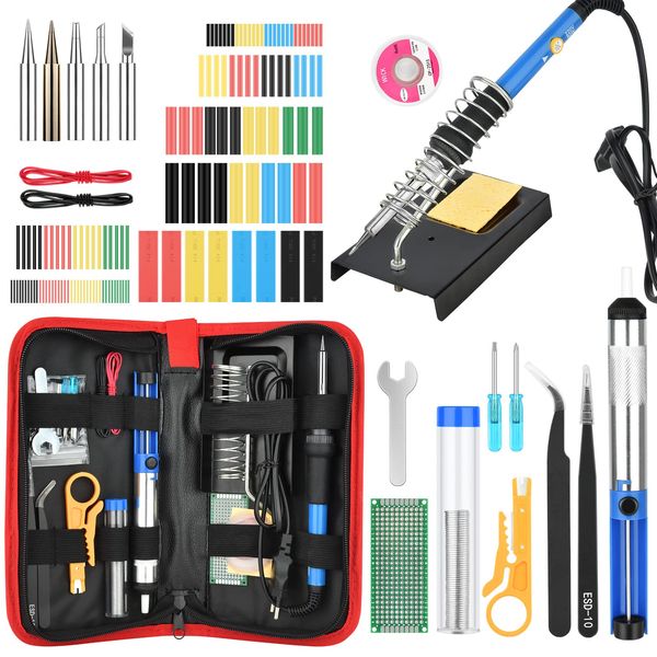 Soldering Iron Kit - 60W Welding Tools with Adjustable Temp 200-450°C - Soldering Iron Set with 5 Soldering Tips, Desoldering Pump, Solder Wire, Wire Stripper Cutter, Stand, Tool Case