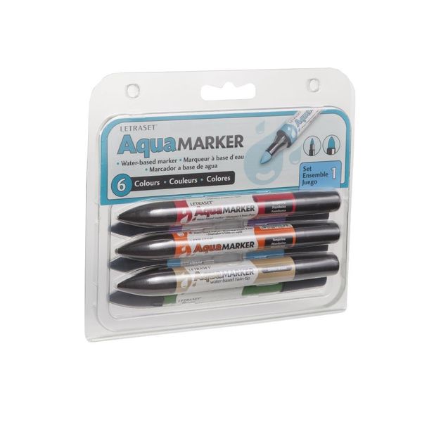 Letraset AquaMarker 6 assorted colours water based twin tip pens - set 1