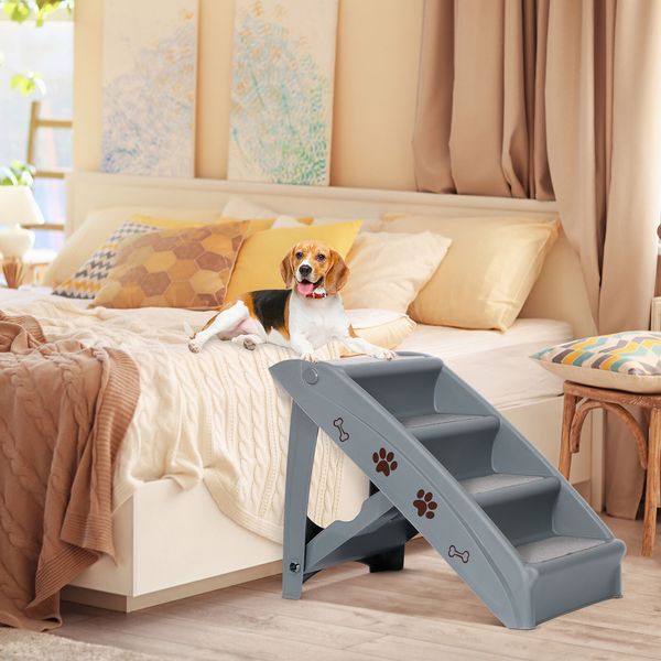 Foldable Plastic Dog Stairs Pet Steps Ladder for High Bed w/Washable Carpet Grey