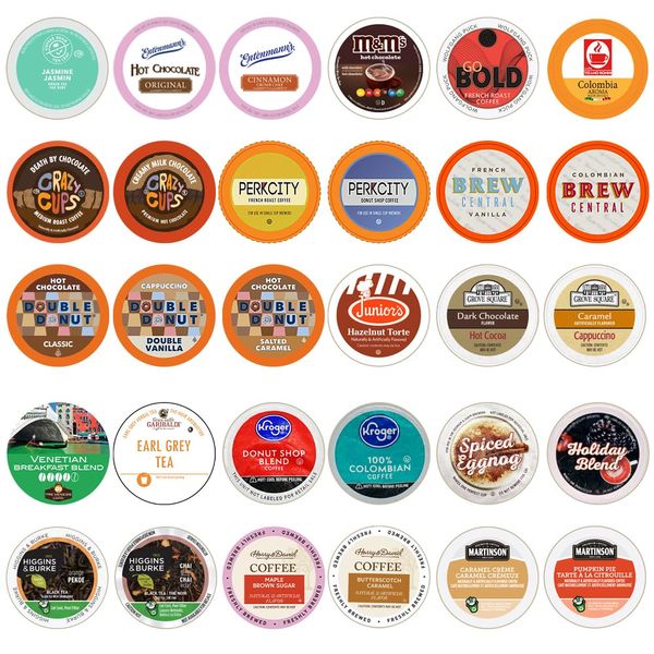 Perfect Samplers Coffee Tea Cider Cappuccino Hot Chocolate Single Serve Cups For Keurig K Cup Brewers Variety Pack Sampler 30 Sampler All unique cups no duplicates, Mix, 30 Count