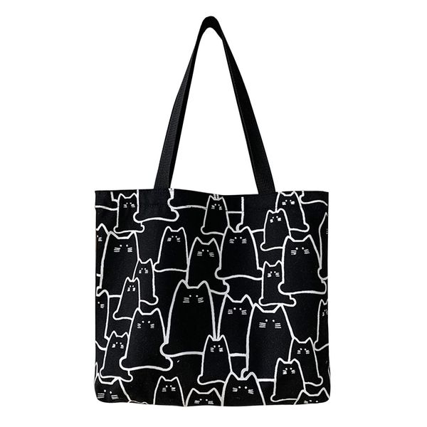 TSHAOUN Cat Canvas Tote Bag，tote bag with zip，canvas bag， Cotton Reusable Shopping Bag with Pocket， Cute Cat Tote Beach Bags Aesthetic for Women As Gift. (Black)