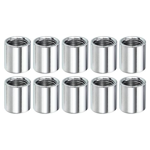 sourcing map Round Coupling Nut, M10x1mm Female Thread 15mm Threaded Round Sleeve Connector Rod Bar Stud Tube Nut Hardware Fastener, Silver Pack of 10