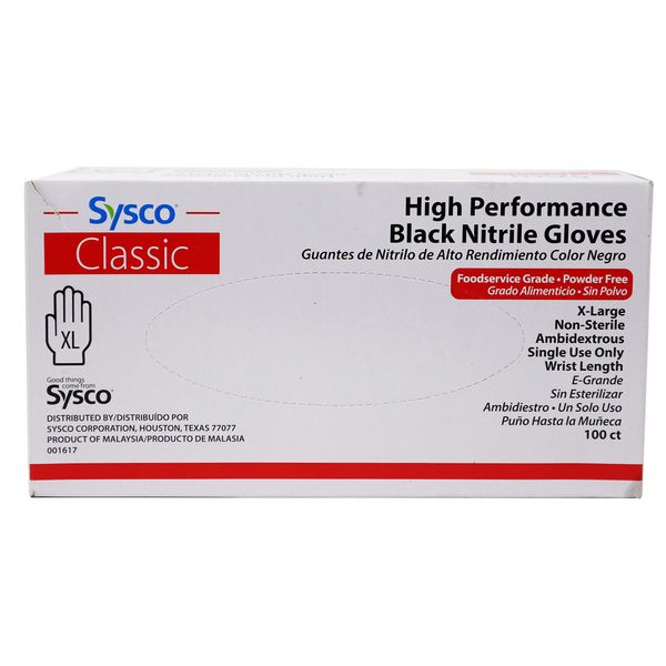 Sysco Classic Black Nitrile Extra Large Gloves Box, 100 Count