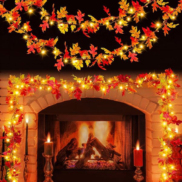 Fall Garland Decorations Lights Thanksgiving with 9Ft Plug in Lighted Incescent