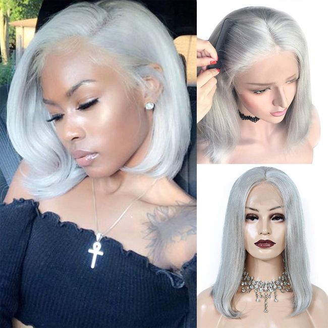 Brazilian Virgin Human Hair Grey Short Bob Wigs Bleached Knots Straight Glueless 150% Density Lace Front Wig For Women 8inch