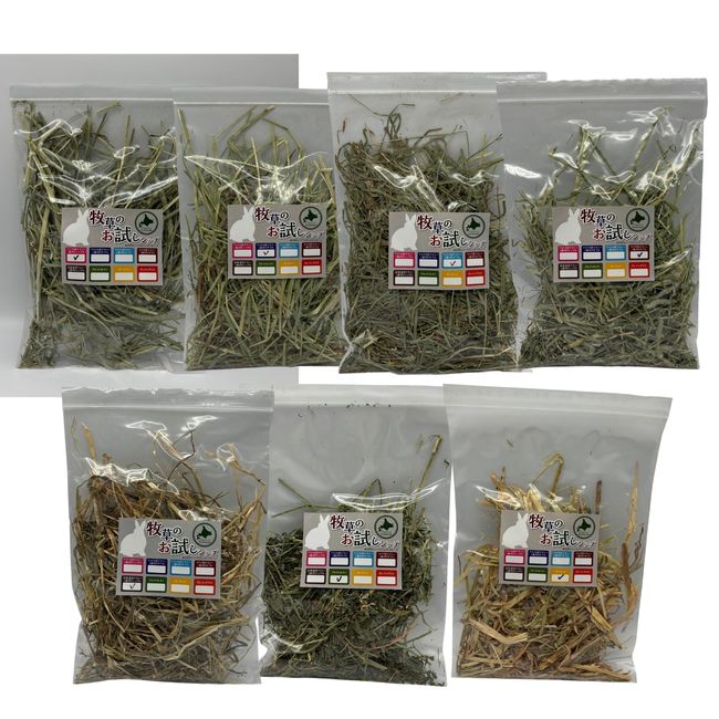 Trial Set of 7 Types: Each 1.8 oz (50 g) Timothy Oathey, Alfalfa, America, Canada, Hokkaido, Australia, Hamster, Chinchilla, Rabbit, Guinea Pig, Grassing, Teeth Maintenance