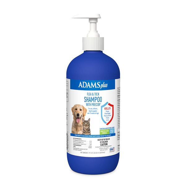 Adams Plus Flea & Tick Shampoo with Precor for Cats, Kittens, Dogs & Puppies Over 12 Weeks Of Age |Sensitive Skin Flea Treatment |Kills Adult Fleas, Flea Eggs, Ticks, and Lice |24 Oz, Pump Included