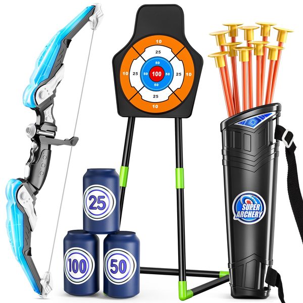 TEMI Bow and Arrow Set 4-8,Kids Archery Set with LED Lights Includes 10 Suction Cup, Quivers & Standing Target, Outdoor Toys for Boys & Girls Ages 3-12 Years Old