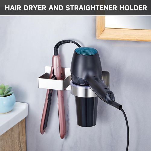 XILIMEN Hair Dryer Holder Wall Mounted, Straightener Holder, Hairdryer Holder Station, Stainless Steel Hair Dryer and Straightener Holder, Self Adhesive Hair Styling Care Tools Organizer for Bathroom