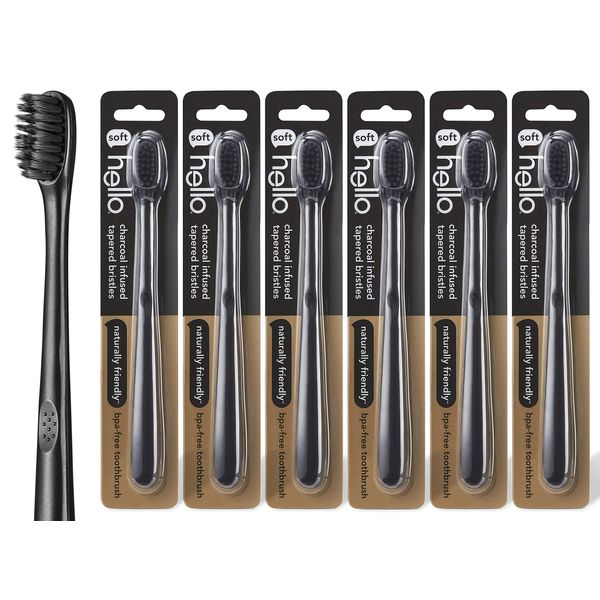 Hello Charcoal Infused Soft Bristle Toothbrush, Black, BPA Free, Vegan, Plant Based Handle, 1 Count (Pack of 6)