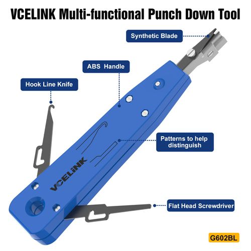 VCELINK Punch Down Tool, Ethernet Krone tool for RJ45 Socket Cat5/Cat6/Ca7 & Telephone Cable, Impact IDC Network Punch Down Tool with Wire Stripper Combo in Blue