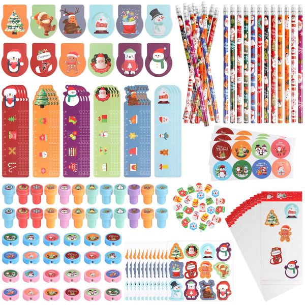 CCINEE 216 Pcs Christmas School Stationary Set for Kids,24 Sets Xmas Party Favors Bulk with Pencils Erasers Treat Bags Stickers for Christmas Goodie Bag Stuffers Gift Exchange Holiday Party Supplies