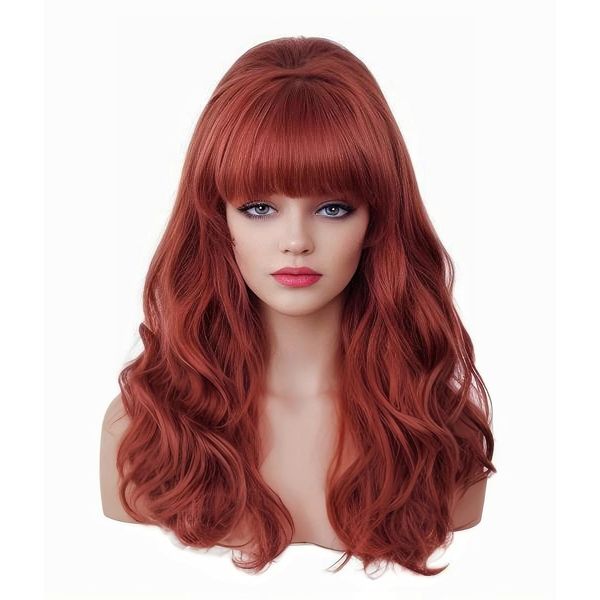 Rugelyss Vintage Long Wavy Auburn Wig with Bang Big Bouffant Beehive Wigs for Women Copper Red Synthetic Hair Wig fits 70s 80s Costume or Halloween Party