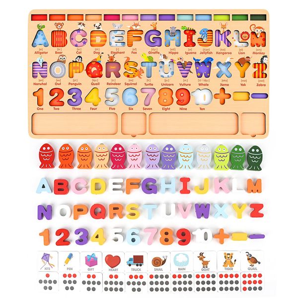 Generic Wooden Learning Set, Montessori Puzzle Board with Math Flash Cards and Alphabet Toys, Educational for Toddlers Through Elementary School