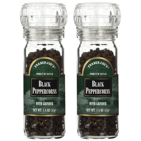 Trader Joe's Black Pepper Peppercorns with Grinder -- 2-PACK, 1.8oz