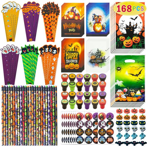 Keenvark 168 PCS Halloween Party Favors,24 Pack Stationery Supplies Set, Halloween Treats for Kids, Halloween Goodie Bag Fillers including Pencils,Erasers,Rulers,Stickers,Stamps,Notepads and Gift Bags