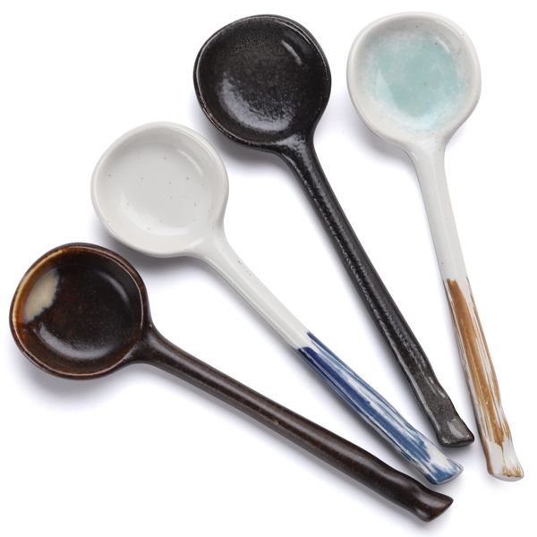 4pcs Japanese Ramen Soup Spoons Ceramic Asian Soup Spoons Retro Korean Style Tablespoon Rice Noodles Dinner Serving Spoon Ladles for Pho Miso Cereal Sauce Gravy Condiment (Style 1)