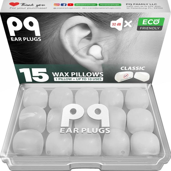 PQ Wax Ear Plugs for Sleep - 15 Silicone Wax Earplugs for Sleeping and Swimming - Gel Ear Plugs for Noise Cancelling, Ear Protection - Sleeping Earplugs with Sound Blocking Level of 32 Db (15-Pillows)