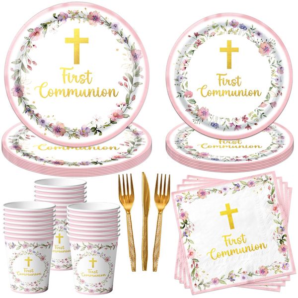First Communion Decorations, 150Pcs Pink First Communion Plates and Napkins, God Bless Baptism Birthday Supplies Paper Tableware for Girls Christening Celebration Baby Shower Party, Serves 25