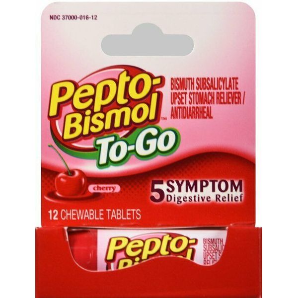 Pepto Bismol To-Go 5 Symptom Digestive Relief Cherry Chewable Tablets 12 Count