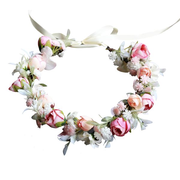 Brikuinr Floral Crown Wreath Bride Flower Headband Hair Wreath Hair Garland Flower Halo Floral Headpiece Boho with Ribbon Wedding Party Pink