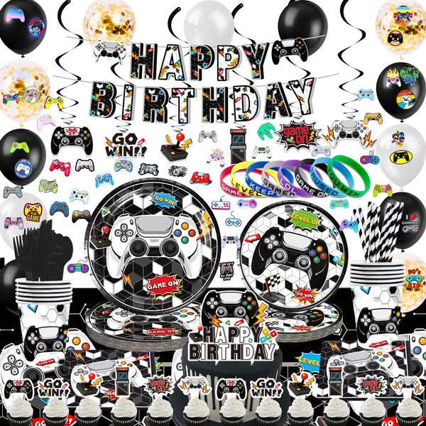 KimaruLZ Gamer Birthday Party Decoration - 275Pcs Black White Video Game Gaming Party Supplies For Boys Birthday Party - Table Cover, Utensils, Hanging Swirls, Banner, Cake Topper, Stickers, Bracelets