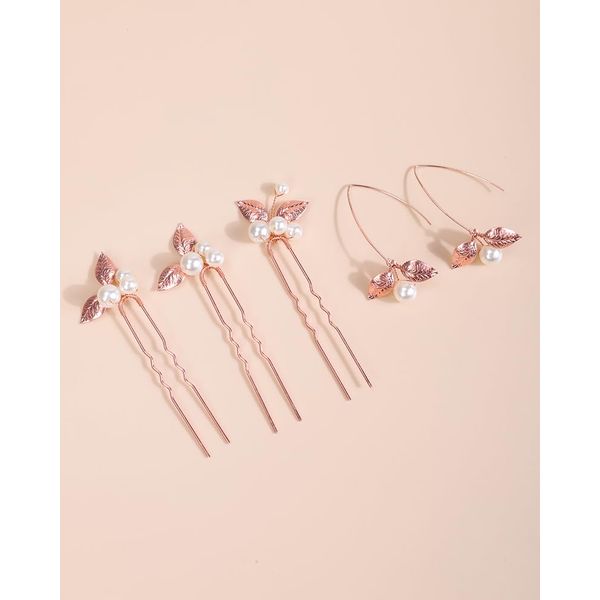 Rumtock Pearl Hair Pins with Rose Gold Leaf Earrings Handmade Hair Piece Jewelry Set for Wedding Brides Hair Accessories (Rose Gold)