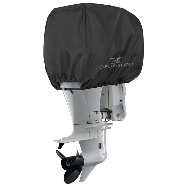 Explore Land Outboard Motor Cover - Waterproof 600D Heavy Duty Boat Engine Hood Covers - Fit for Motor 50-115 HP, Black