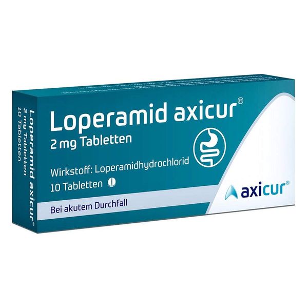 Loperamid axicur 2 mg Tabletten, schnelle Hilfe bei akutem Durchfall mit dem bewährten Wirkstoff Loperamidhydrochlorid, ideal für die Reiseapotheke, 10 Tabletten