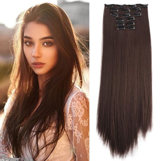 KARLOR Clip in Extensions, 6 Pcs Glatt Haarverlängerungen 16 Clips 60cm, Haarteile Kunsthaar wie Echthaar Günstig Haarteile Perückenteile Haarextension Lang Synthetisch für Damen（dunkelbraun-glatt）