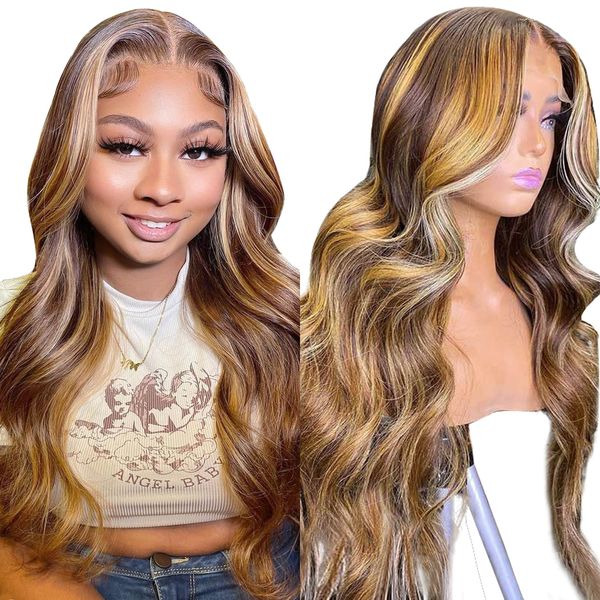 Silaiya Body Wave Highlight Ombre Lace Frontal Wig Human Hair Pre Plucked with Baby Hair 13x4 HD Transparent 180% Density 4/27 Colored For Women, Honey Blonde Lace Front Wig (22 Inch)