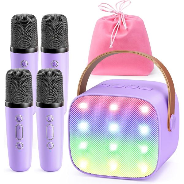 YLL Mini Karaoke Machine for Kids Adults: Portable Loud Speaker with 4 Wireless Microphones - Christmas Birthday Party Gifts for Girls 3,4,5,6,7,8+ Year Old Toys(Purple-4 Mics)