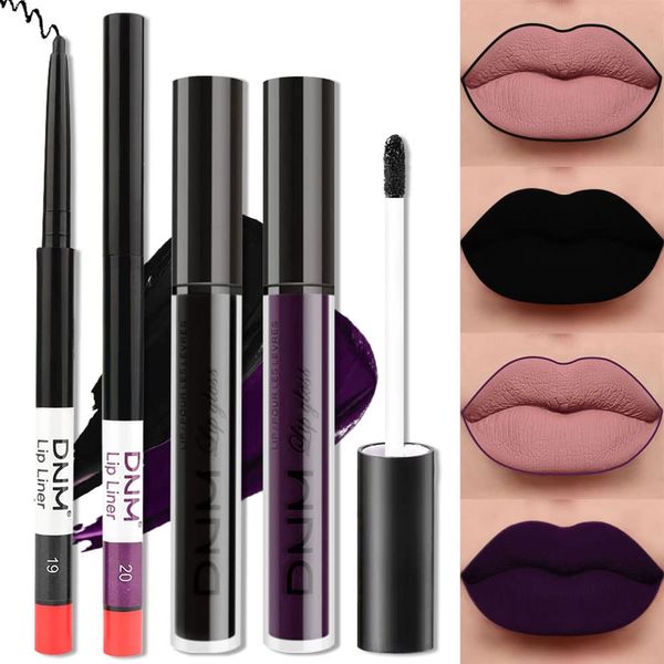 2 Colors Liquid Matte Lipstick and Lipliner Set, Black Purple Lip Tint 24 Hour Waterproof Velvet Nonstick Cup Lipgloss Lip Stain Pigmented Lip Makeup Gift Sets for Girls and Women Labiales19&20