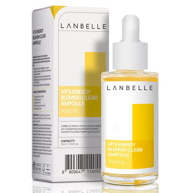 LANBELLE Vita Energy Blemish Clear Ampoule 83% Vitamin C Serum Vegan w/Lemon Water Niacinamide Volufiline for Hyperpigmentation Skin-barrier No Stickiness Irritation Radiant Glowing Skin 1.7 Fl Oz