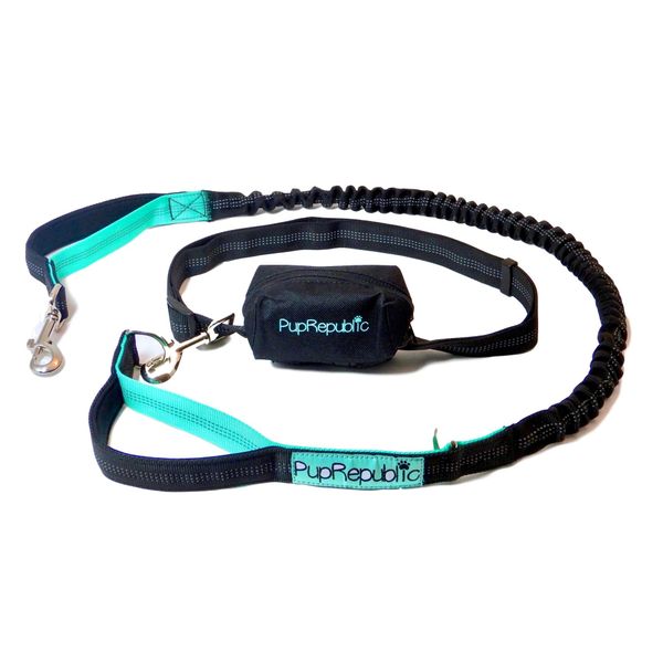 Hands Free Dog Lead - Perfect Dog Running Lead Or When Walking Or Hiking - Fully Adjustable Waist Belt With Reflective Bungee Dog Leads - Free Poo Bag Pouch Included Aqua