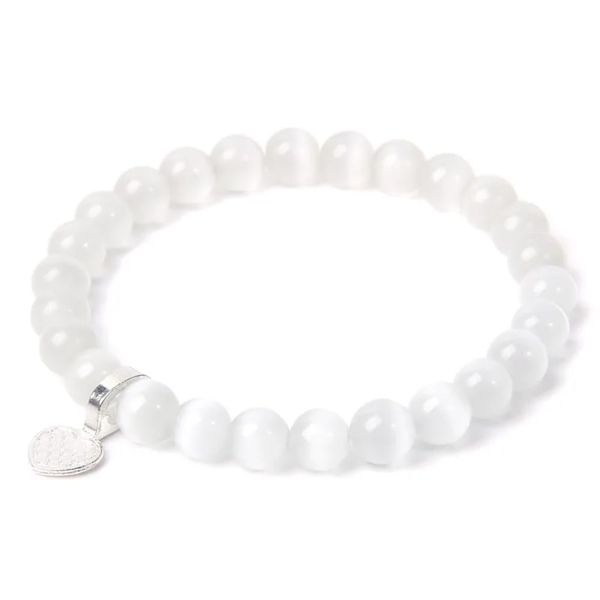 Hemasa Cat Eye Beads Stretchabe Bracelet with Heart Charm For Women White Heart