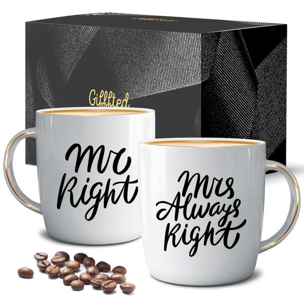 Triple Gifffted Mr Right Mrs Always Right Coffee Mugs for Engagement, Couples Gifts for Wedding Anniversary, Christmas, His & Hers, Bride & Groom, Ceramic Cup, 380ML