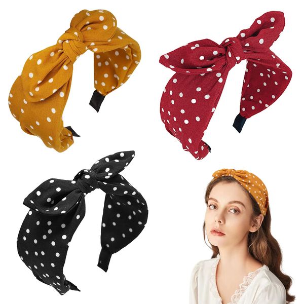 Polka Dot Headband,3Pcs Bow Tie Knotted Hair Bands,Wide Band Cloth Hair Hoop Bunny Ear Headwrap Hair Accessories for Women Girls (Black Red Yellow Polka Dot)