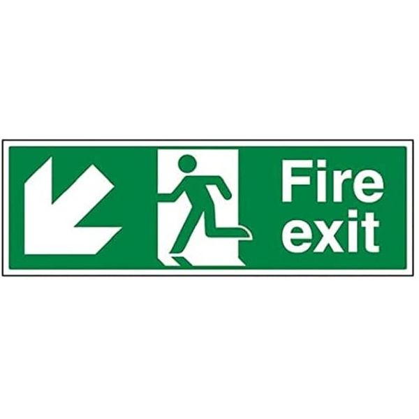 V Safety Fire Exit - Fire Exit Arrow Down Left - 300 x 100 mm Safety Sign