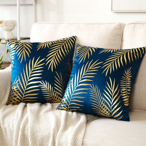 JOTOM Set of 2 Cushion Covers 45x45cm Decor Velvet Throw Pillow Covers Gold Leaves Decorative Pillow Cases Bronzing Flannelette Cushion Cover for Couch Bedroom Sofa Car Home Living Room Decor (Navy)