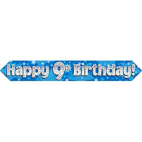 9ft Banner Happy 9th Birthday Blue holographic