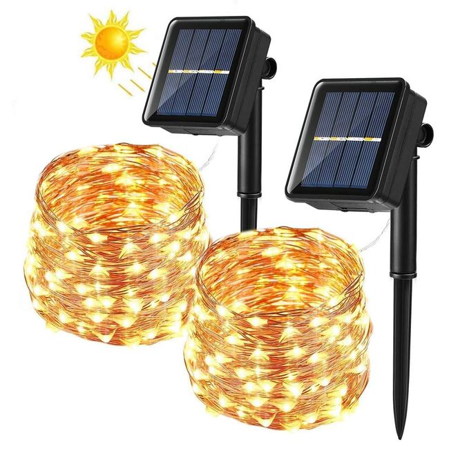 [2 Stück] Solar Lichterkette Aussen, BrizLabs 14M 120 LED Außen Lichterkette Kupferdraht Solarlichterkette Warmweiß Wasserdicht 8 Modi für Weihnachten, Garten, Balkon, Hochzeit, Terrasse, Party Deko