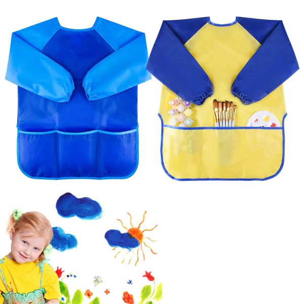 2 Pcs Kids Art Smock,Waterproof Children's Artist Painting Smocks,Children Paint Apron Waterproof,Toddler Painting Smocks Long Sleeve Drawing Apron,Kids Art Aprons for Age 2-8 Years (Yellow & Pink)