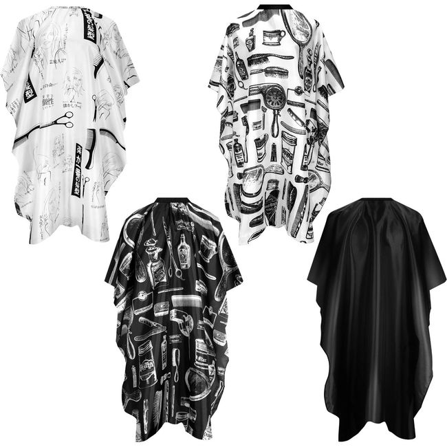 SATINIOR 4 Pieces Styling Salon Barber Cape Waterproof Hair Haircut Hairdressing Cape with Elastic Hook for Barbers Stylists(Black, White, Simple Prints, White Scissor Prints)