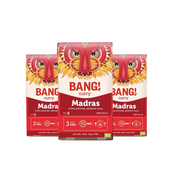 Madras Curry Sauce Kit | Authentic and Easy to use | Fiery and Bold, madras curry powder | Ready in 10 min | 100% natural, Vegan Friendly and Gluten free | 3 Pack - Serves 12 | BANG! Curry