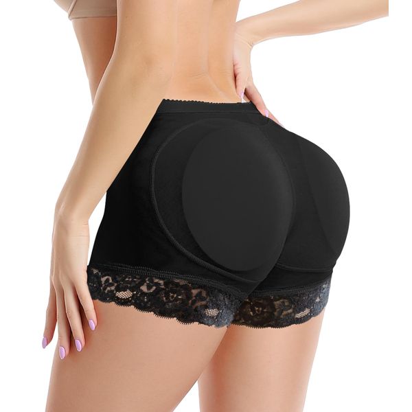 KIWI RATA Womens Seamless Butt Lifter Padded Lace Panties Enhancer Underwear,Black,Large