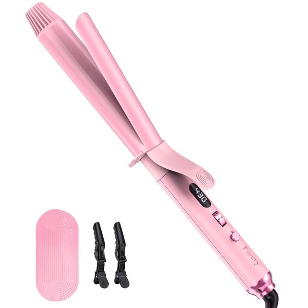 FARERY Long Barrel Curling Iron 1 1/4 inch, 1.25 Inch Curling Iron for Thin Hair, Ceramic Curling Iron Infused Argan Oil & Keratin, 11 Adjustable Temp, Include Clips & Silicone Pad, Pink